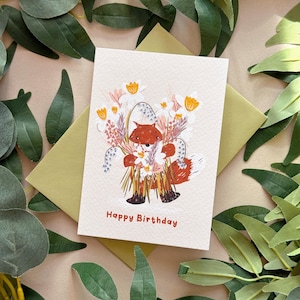 Verjaardagskaart vos boeket bloemen - cadeau idee vossenliefhebber - A6-formaat - geïllustreerde verjaardagskaart - boho-stijl - feest - bosdier