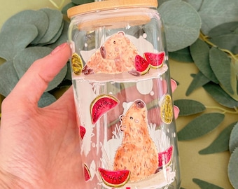 Watermelon Capybara Glass Tumbler with Bamboo Lid and Glass Straw-Glass Coffee Cup-Cold Brew Tumbler-Iced Coffee Cup-Illustrated Tumbler-Cup