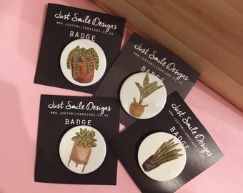Plant Badge - Plant Lover badges - Cute Plant Badge - Botanical Pin Back Buttons - Badges - Leafy Badge