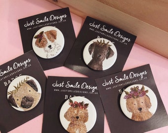 Dog Badges - Cockapoo Dog badge - Black Labrador Badge - Golden Retriever Pin Back Buttons - Badges - Pug badge  - Dog Gift