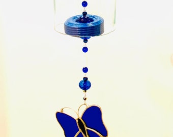 Wine Bottle Wind Chimes Upcycled Wine Bottle Wind Chimes, Home Decor Patio Chimes Blue Butterfly