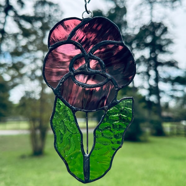 Stained Glass Plum Purple Pansy Flower Sun Catcher  Purple  Flower Sun Catcher Flower Garden Home Decor Window Decor Ornament