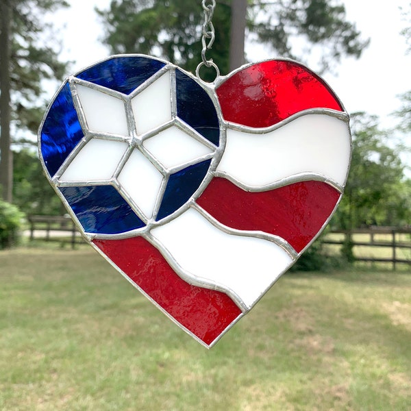 Patriotic Heart Suncatcher Red White Blue Stained Glass Heart Suncatcher Glass Heart