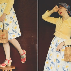 1950&#39;s Textured Summer Flower Cotton Skirt - Size Xs