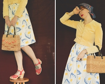 1950's Textured Summer Flower Cotton Skirt - Size Xs