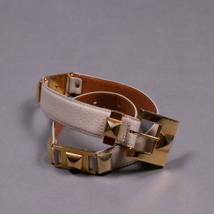 1980&#39;s White and Gold Leather and Matallic Belt - 80&#39;s Studed Waist Belt - Size S