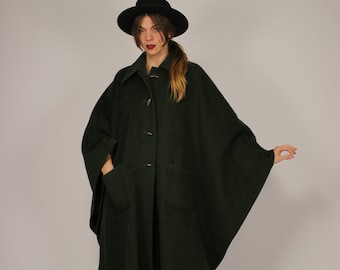 1980s Long Forest Green Wool Cape - Size s to Xl