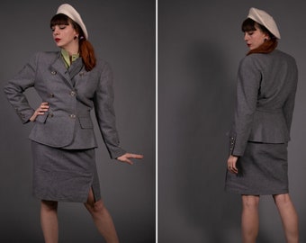 1980's Carole Fersten Soft Grey Wool and Cashmere Suit - 80's Luxury Blazer and Skirt Set - Size S/M