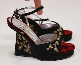 DOLCE & GABBANA Runway S/S 1998 Silk and Velvet Embroidered Wedges - Size 36.5