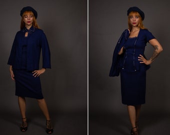 RARE 1940's "312 Racing Club" Navy and White Linen Dress and Bolero Set -  1940's Blue Linen Suit - Size S