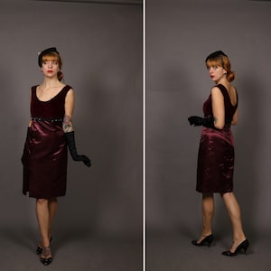 1960&#39;s Burgundy Mini Cocktail Dress - 60&#39;s Beaded Party Dress - Size S