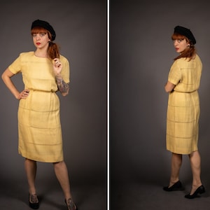 1950&#39;s Yellow Summer Dress - 50&#39;s Cotton/Linen Dress - Size S