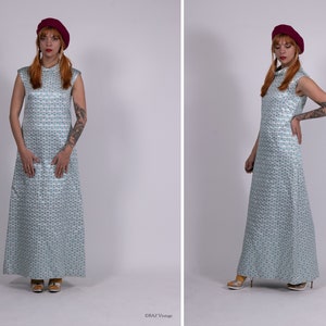 1960s Blue and Silver Maxi Dress - Size M