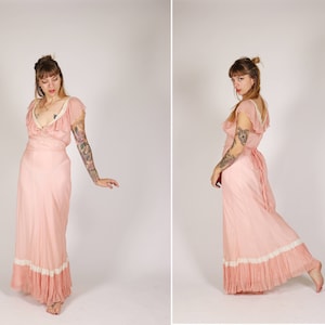 1930s Dust Pink Sheer Chiffon Silk Night Gown - Size S