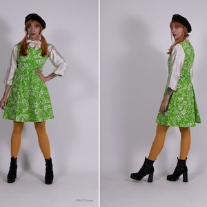 1960s White and Green Cotton A-Line Dress - Size S