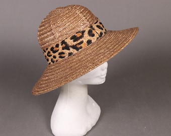 vintage Brown Straw Hat with Leopard Band - 80's Brwon and Leopard Summer Straw Hat