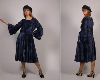 1970s Austrian Blue Cotton Dress - Size M to L