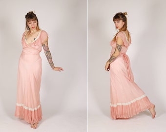 1930s Dust Pink Sheer Chiffon Silk Night Gown - Size S