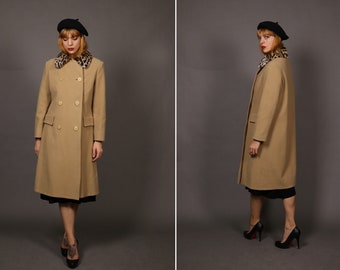 1950&#39;s Beige Wool and Leo  Fur Coat - 50&#39;s Beige Camel Wool Coat - Size S / M