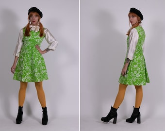 1960s White and Green Cotton A-Line Dress - Size S