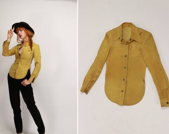 1970s Western Tan Leather Button Down Shirt - Size Xs