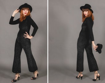 1970s Wool and Spandex Flared Jumpsuit - 70's Bell Bottom Jumpsuit -  Size Xs