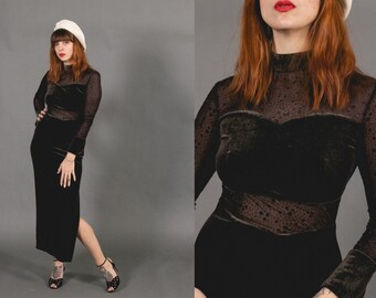 1970's Brown Maxi Velvet Dress - 70's Asian Cut Out Velvet and Mesh Dress -  Size S