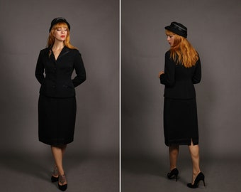 1950's Black Wool Skirt and Blazer Suit - Size S