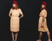 ON SALE - 15 1950 39 s Yellow Linen Dress - 50 39 s Fitted Short Sleeve Dress - Size S