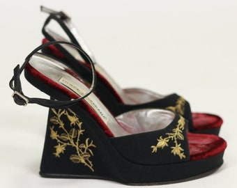 DOLCE & GABBANA Runway S/S 1998 Silk and Velvet Embroidered Wedges - Size 37