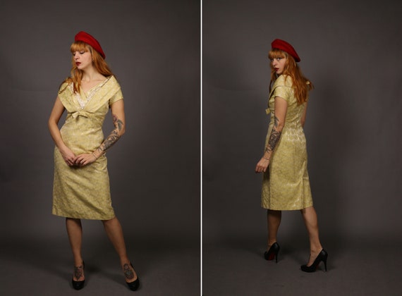 1950s Beige Yellow Cocktail Dress - Size S - image 1