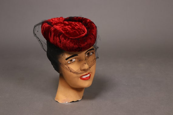 1940's Red Velvet Fascinator - 40's Veil and Velve