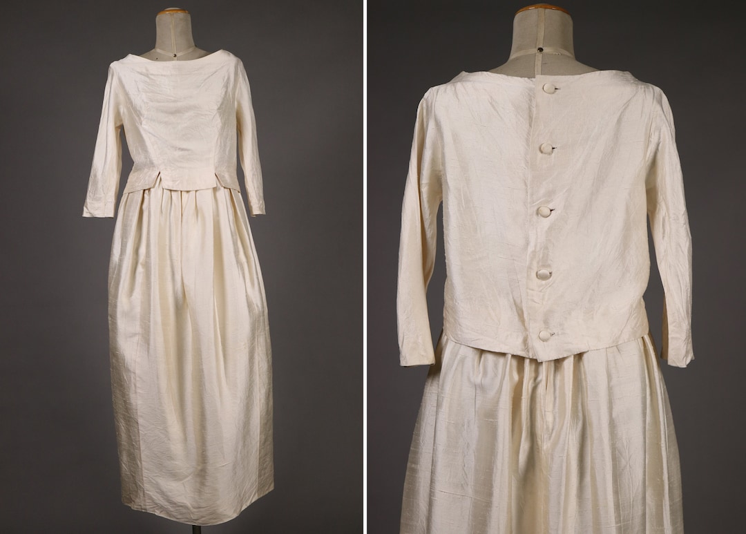 Vintage 60s Wedding Dress Silver Gray Silk w/ Fur Cuffs + Veiled Hat