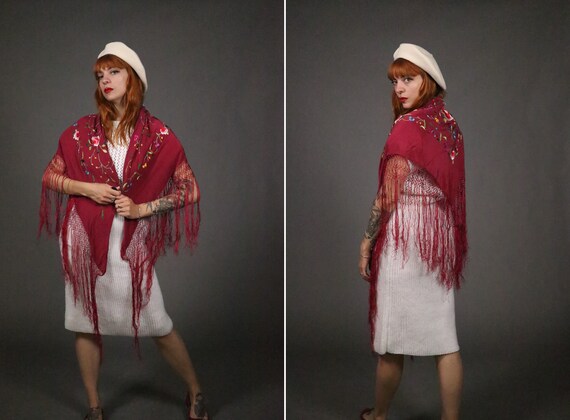 Edwardian Silk Raspberry Piano Shawl - Antique Flo