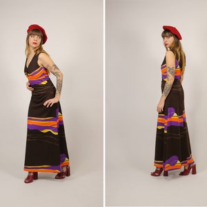 1960s MERRY FINN Brown Summer Cocktail Maxi Dress - Size S