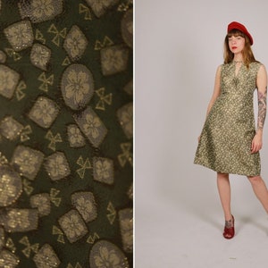 1960s Green and Gold Brocade Dress - Size S