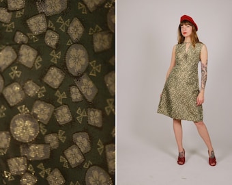 1960s Green and Gold Brocade Dress - Size S