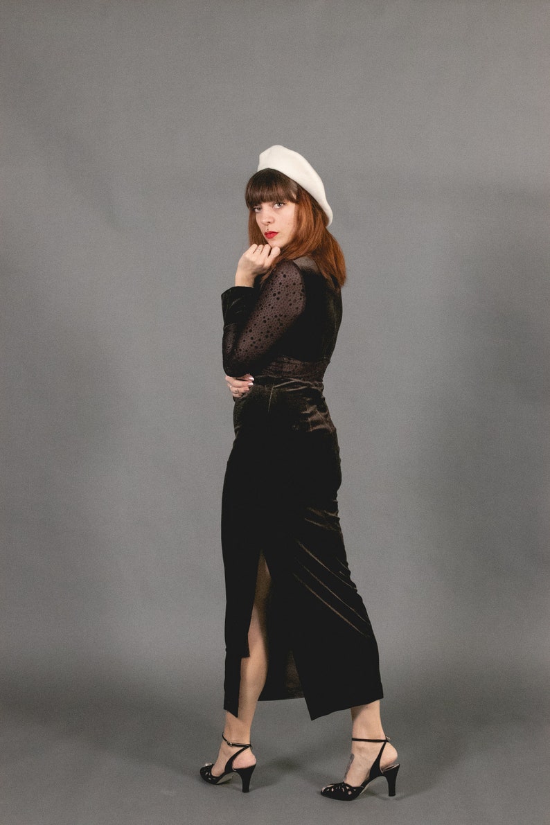 1970's Brown Maxi Velvet Dress - 70's Asian Cut Out Velvet and Mesh Dress - Size S image 5
