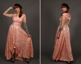 1940's Peach Floral Evening Dress -40's Jacquard Maxi Evening Dress - Size S