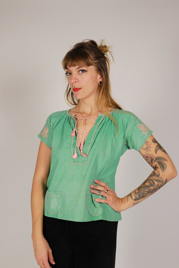 1930s Anis Green Linen Blouse - Size Xs - S - image 2