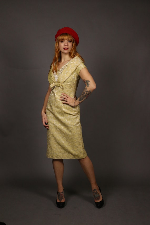 1950s Beige Yellow Cocktail Dress - Size S - image 5