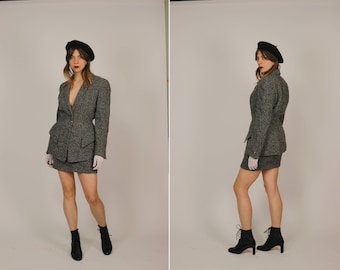 1980&#39;s THIERRY MUGLER Grey Wool Belted Suit -  80&#39;s Wool Thierry Mugler 2 pieces Ensemble - size S