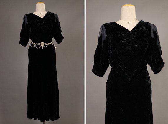 1930's Black Velvet Evening Dress - Size Xs