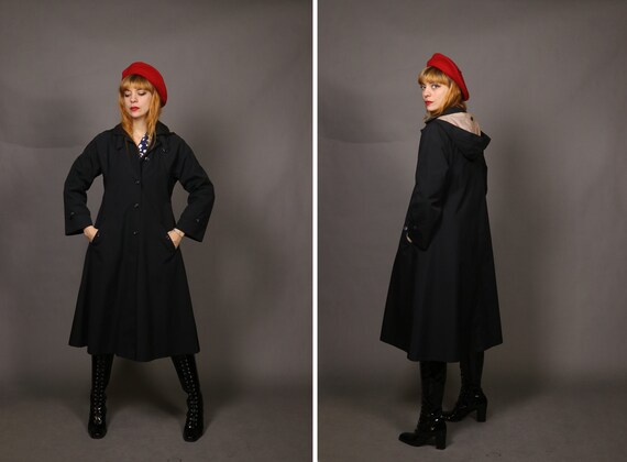 1960's Black Trench Coat with Hoodie - 60's Winter
