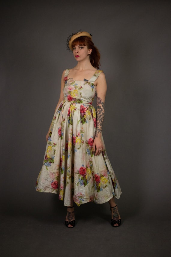 1940's Rayon Floral Summer Party Dress - 40's Hug… - image 3