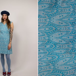 1960s Blue and Silver paisley dress - Size M