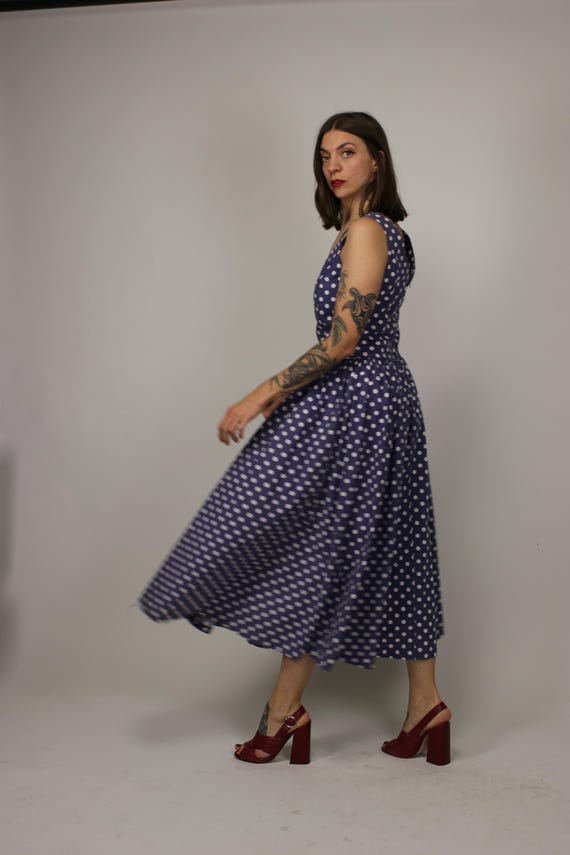 1980s LAURA ASHLEY Polka Dot White and Blue Country Dress Size M