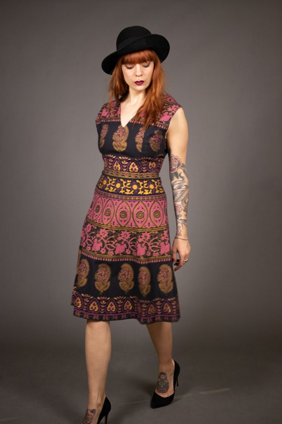 Late 1950's Hand Printed Batik Cotton Dress - Siz… - image 6