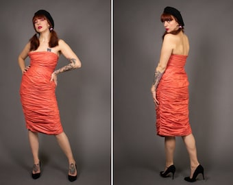 1980's Bustier Fourreau Coktail Dress - 80's Orange Evening Midi Bustier Sheat Dress - Size S