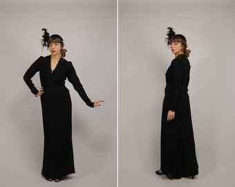 1930s Black Rayon Ensemble Skirt and Blouse - Size S